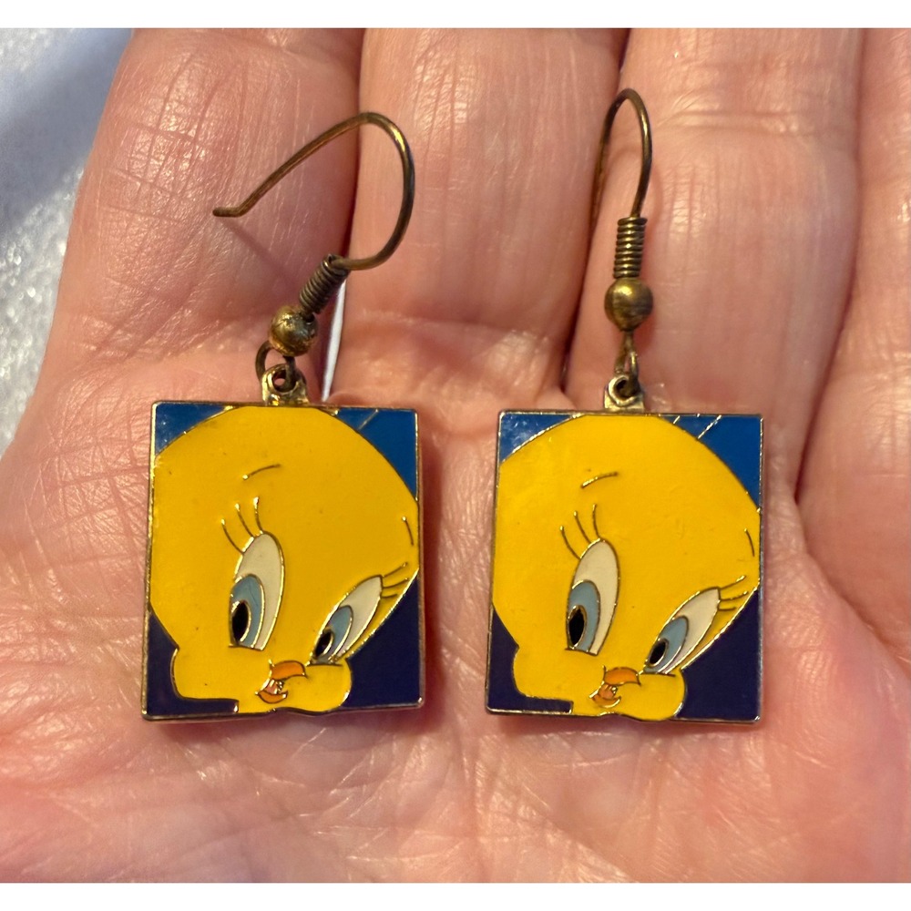 Warner Bros Tweety Bird Earrings 1998 Yellow Blue Enamel Vintage 90s Kidcore